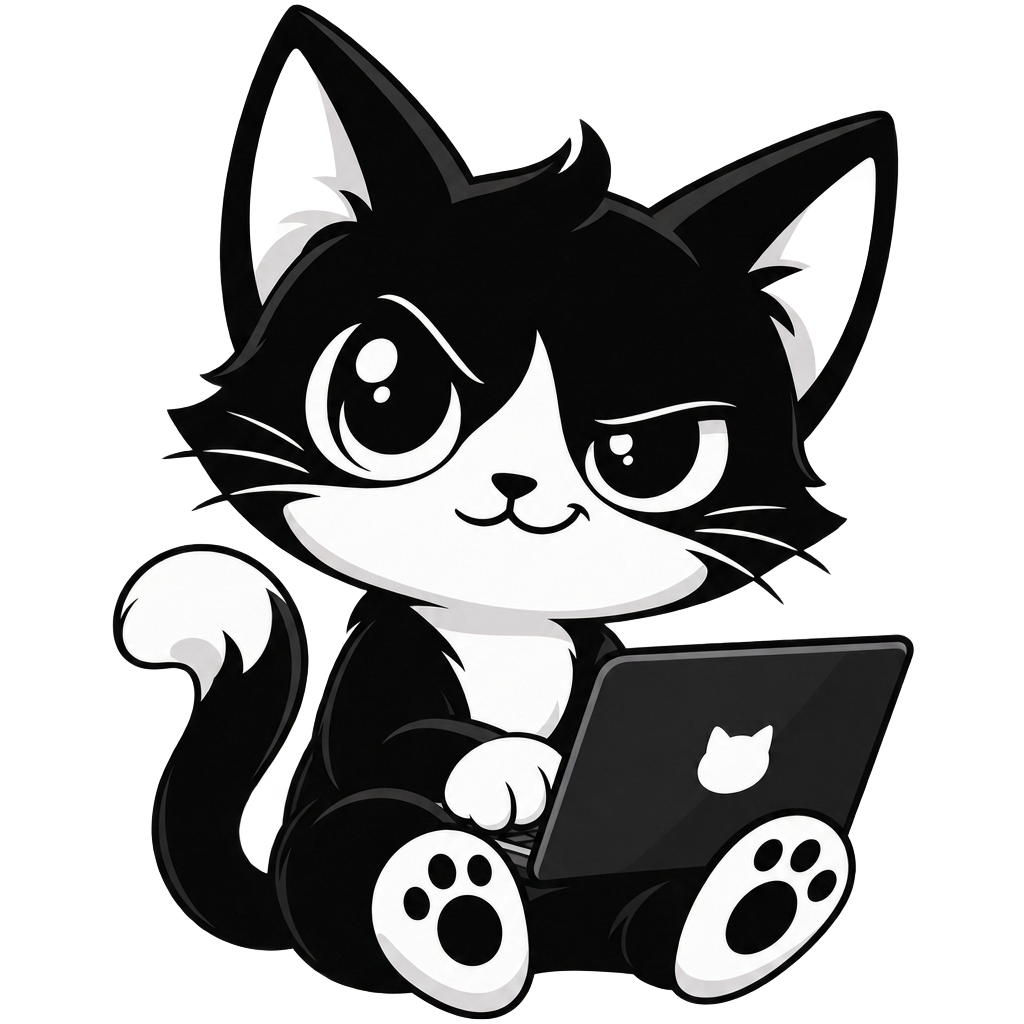 Hoodie, the black cat sitting with a laptop